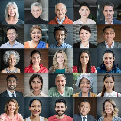 Collage of headshots of dozens of smiling community members from many backgrounds