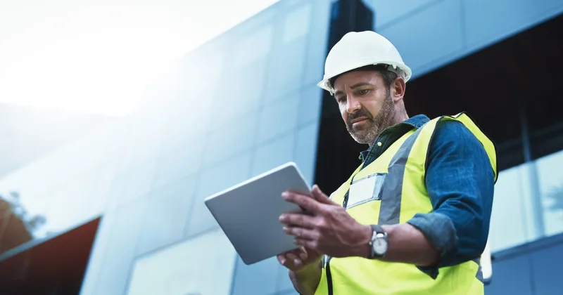 Foreman in a high-visibility vest reading a tablet outside a building under construction