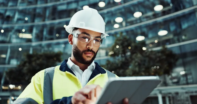 Site supervisor in a white hard hat and safety glasses checking a tablet beside a glass-walled building