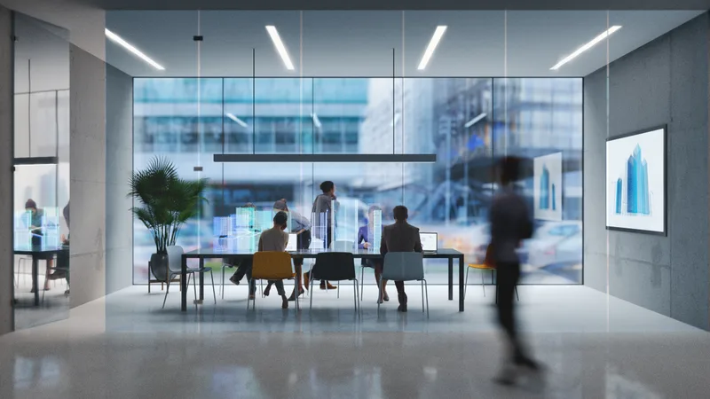 Product team reviewing a rollout around a table in a glass-walled conference room of a modern office
