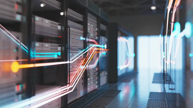 Server racks in a dark data center aisle with streaks of colored light tracing network paths between them