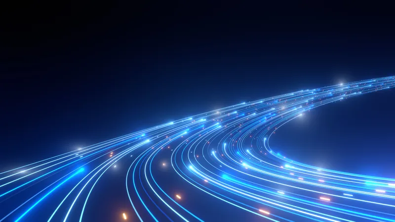 Streams of blue light tracing curved paths across a dark field — telemetry flowing into one place